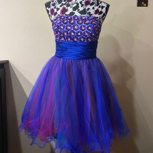 XS Strapless Blue Corset-Backed Dress